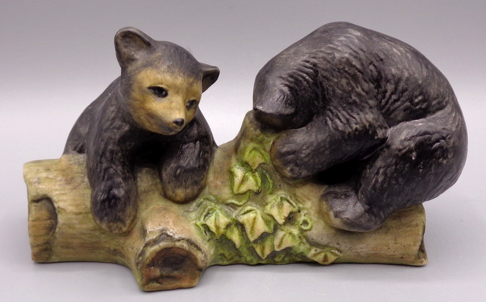 Vintage Ceramic Black Brown Bear Cubs on Log Figurine Pottery Ceramic Signed