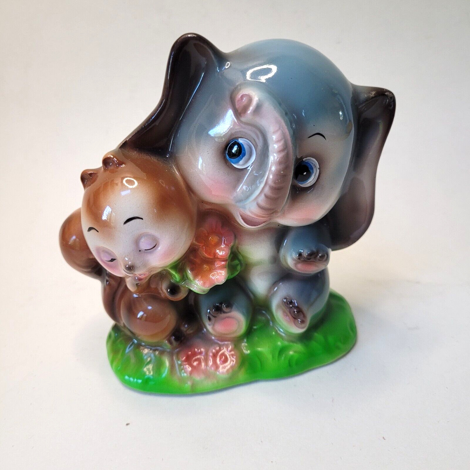 Vintage Big Eyes Elephant & Squirrel Ceramic Figurine Anthropomorphic Kitsch