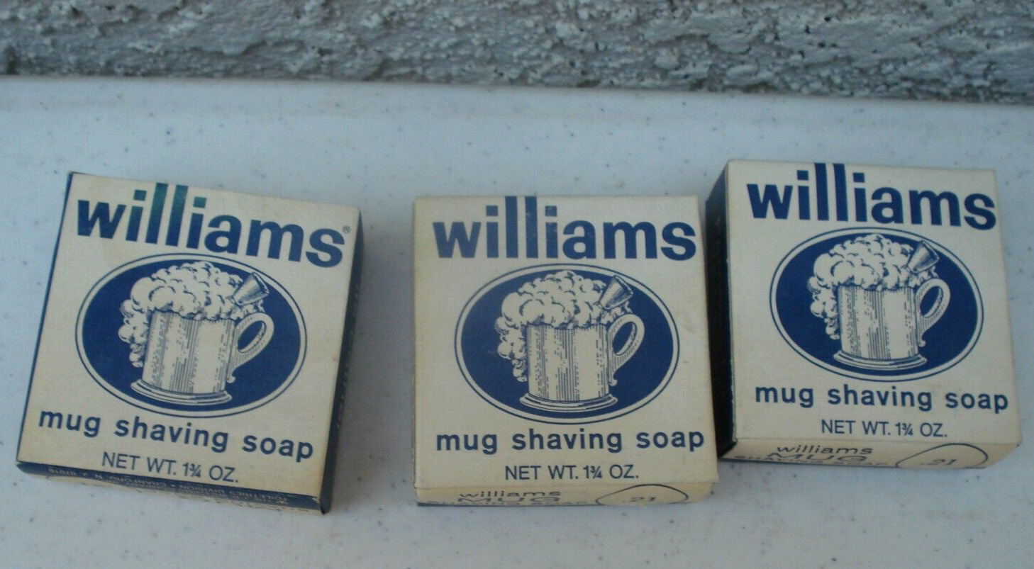 3 Vintage Williams Mug Shave Soap, unused, with original wrappers. Sold as 1 LOT