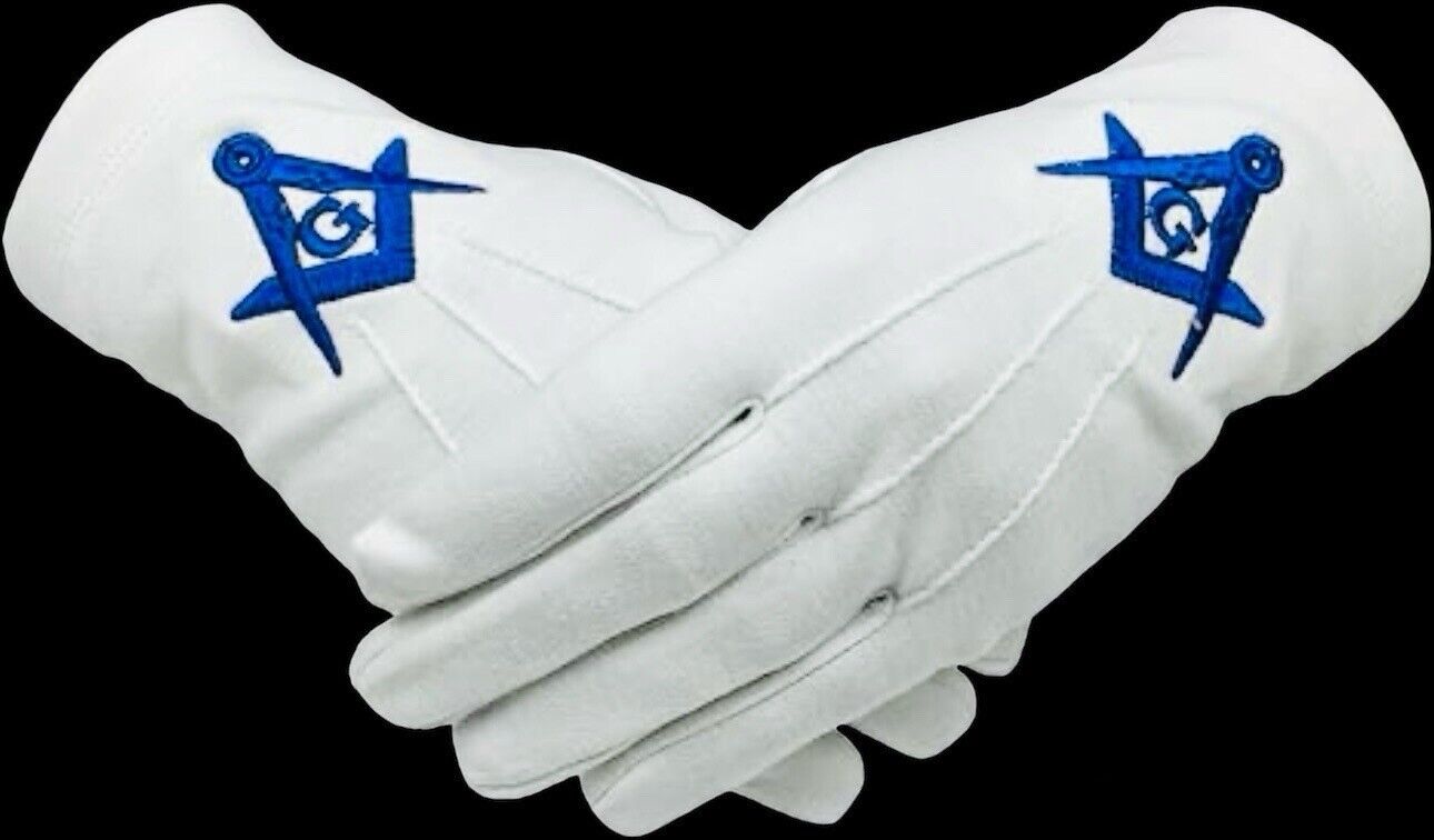 Masonic White Gloves Blue Embroidered G Logo Square & Compass