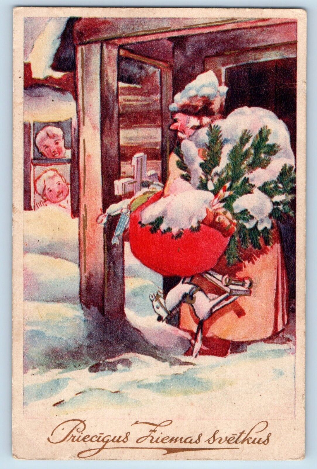 Latvia Postcard Christmas Santa Claus Brown Robe With Sack Of Toys Winter Scene