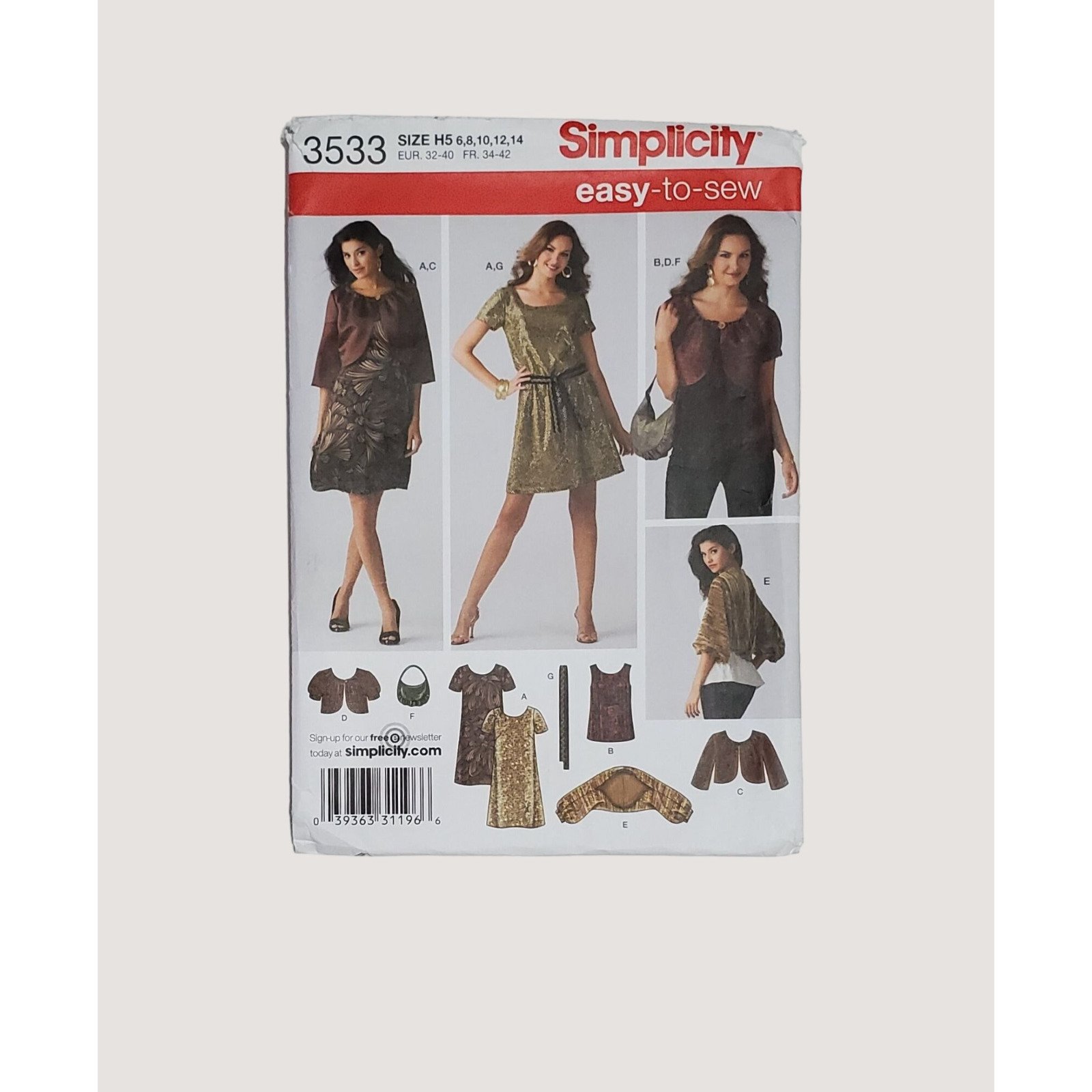 2007 Simplicity Pattern 3533 Dress Top Jacket Shrug Belt Bag Misses 6-14 CUT