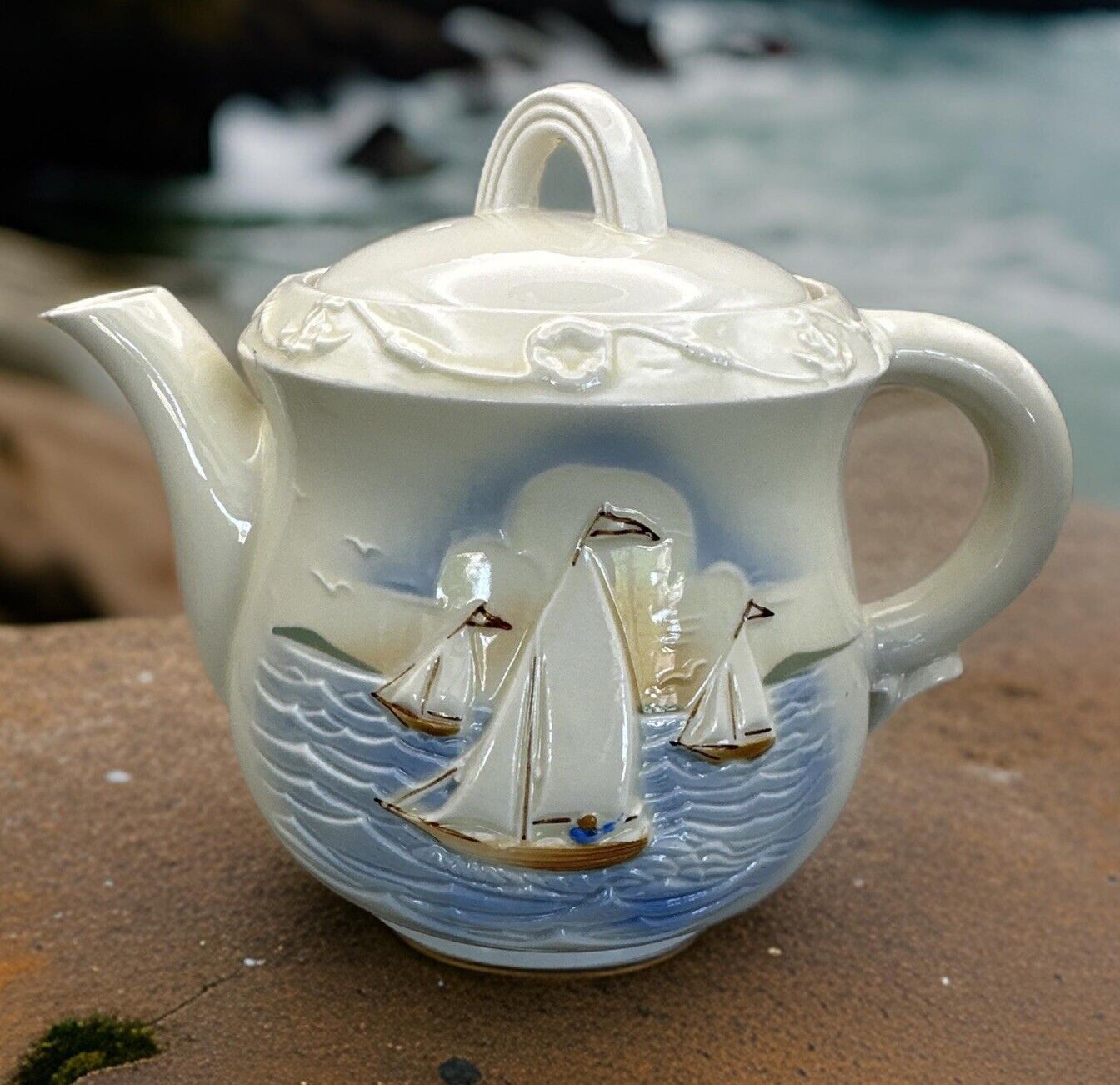 Vintage Porcelier Tea Pot 3D Sailboats Vitreous China 48oz Made in USA Nautical