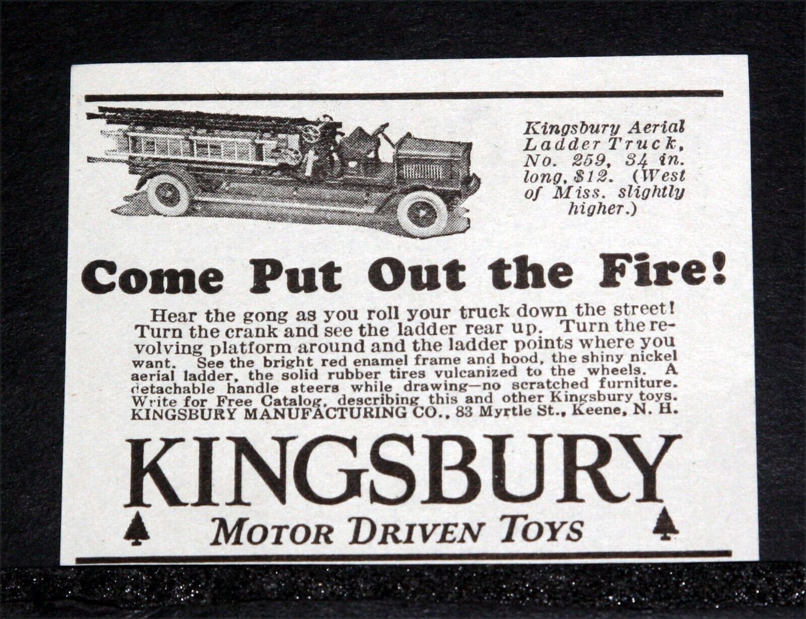 1926 OLD MAGAZINE PRINT AD, KINGSBURY TOYS, AERIAL LADDER FIRE TRUCK NO. 259