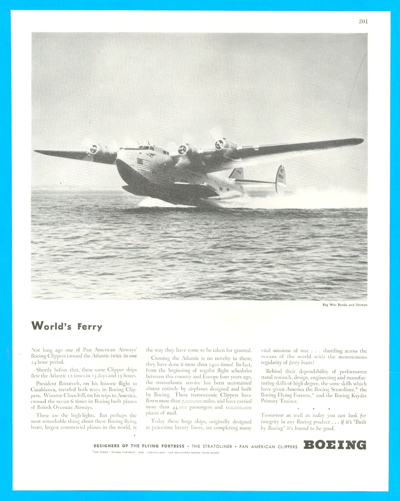 1943 WWII Boeing Pan American Clipper aircraft PRINT AD crossing the Atlantic