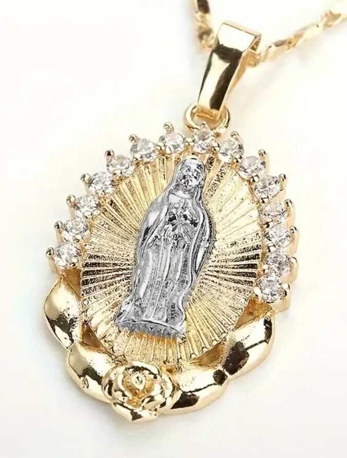 Gold Plated Religious Oval Miraculous Virgin Mary Medal Pendant Necklace 19\