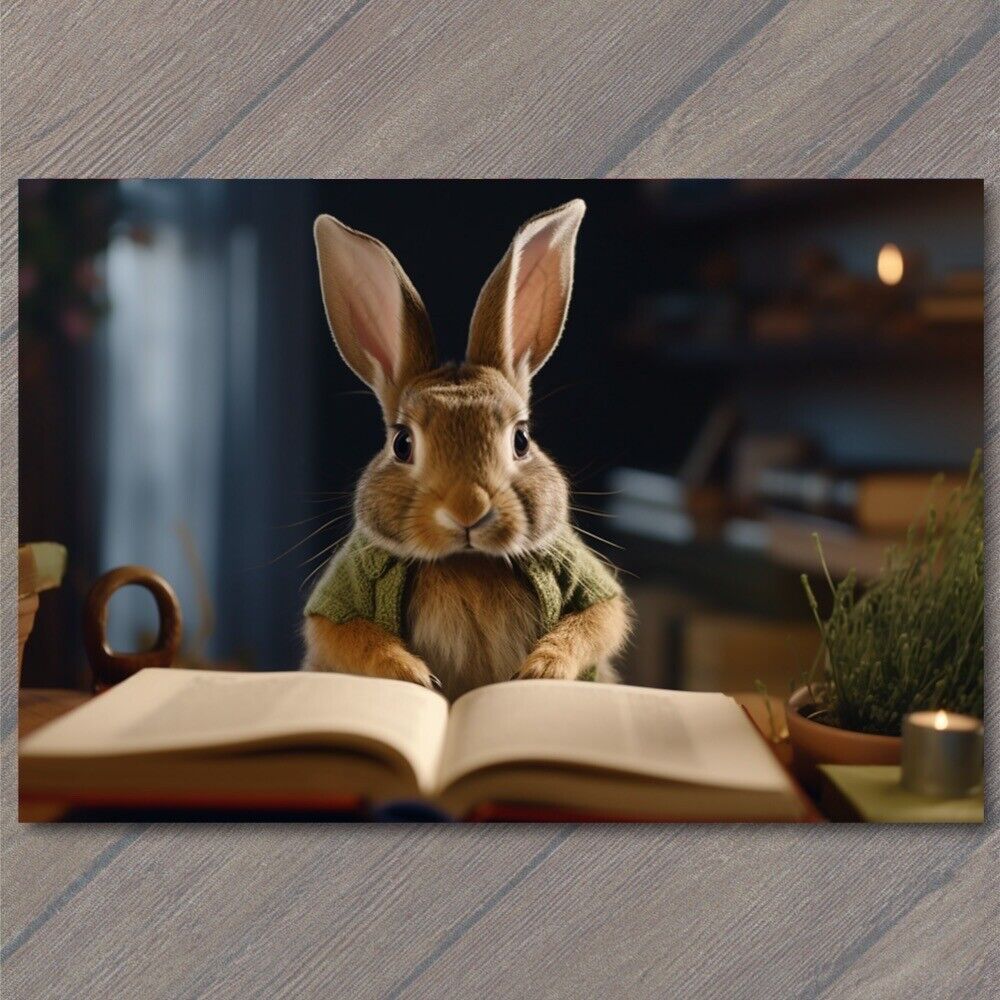 POSTCARD Cute Brown Bunny Rabbit Reading a Book in the Room Fun Dim Light