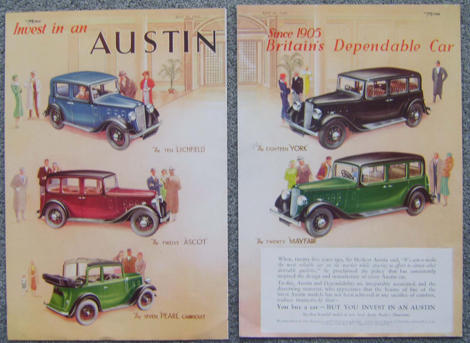 Austin 1935 Range Colour Advert from Motor April 1935 ideal for framing