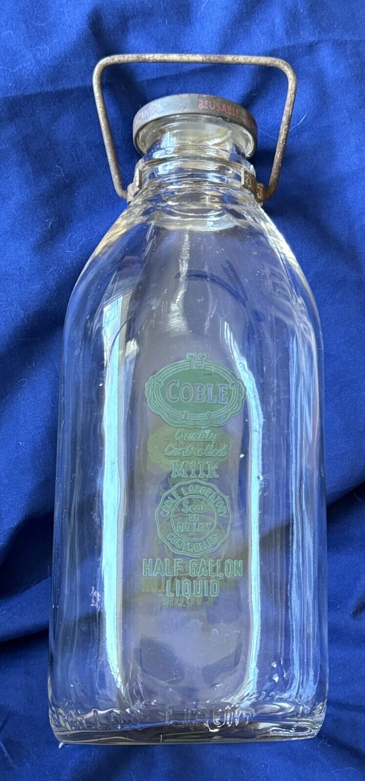 Vintage Coble Half Gallon Milk Bottle with Lid & Wire Bail Handle Lexington NC