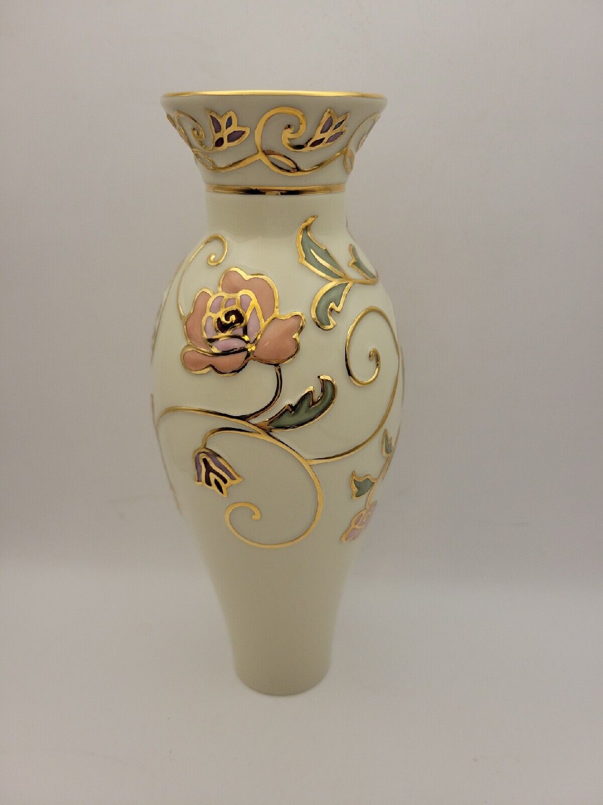 Lenox Gilded Garden Vase Ivory Gold Multicolored Floral 8 1/2\