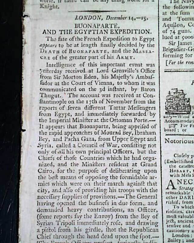 BATTLE OF THE NILE Lord Horatio Nelson defeats Napoleon Bonaparte 1798 Newspaper