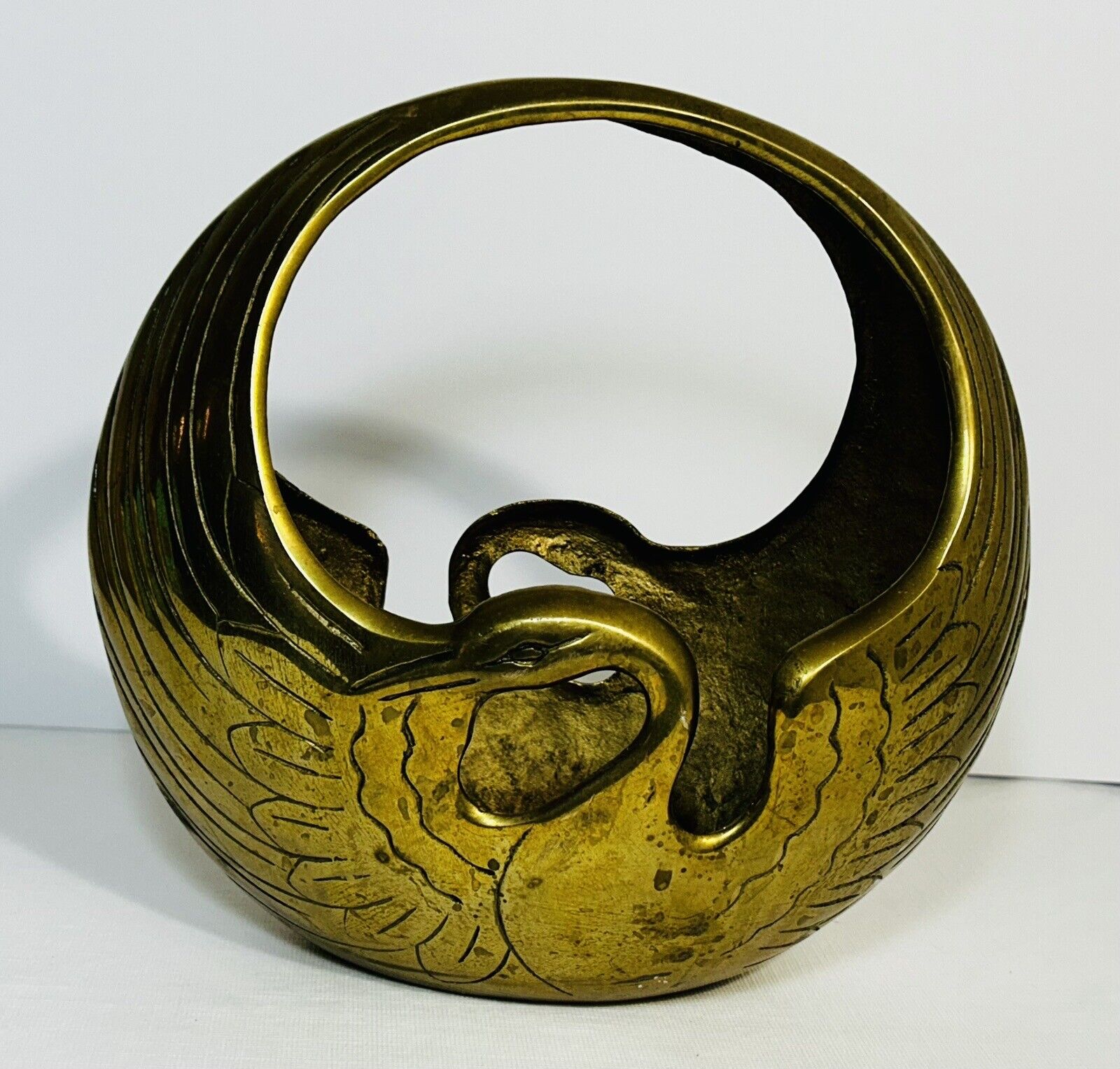 Vintage Solid Brass Swan Crane Bird Vase Planter Basket Regency Art Deco