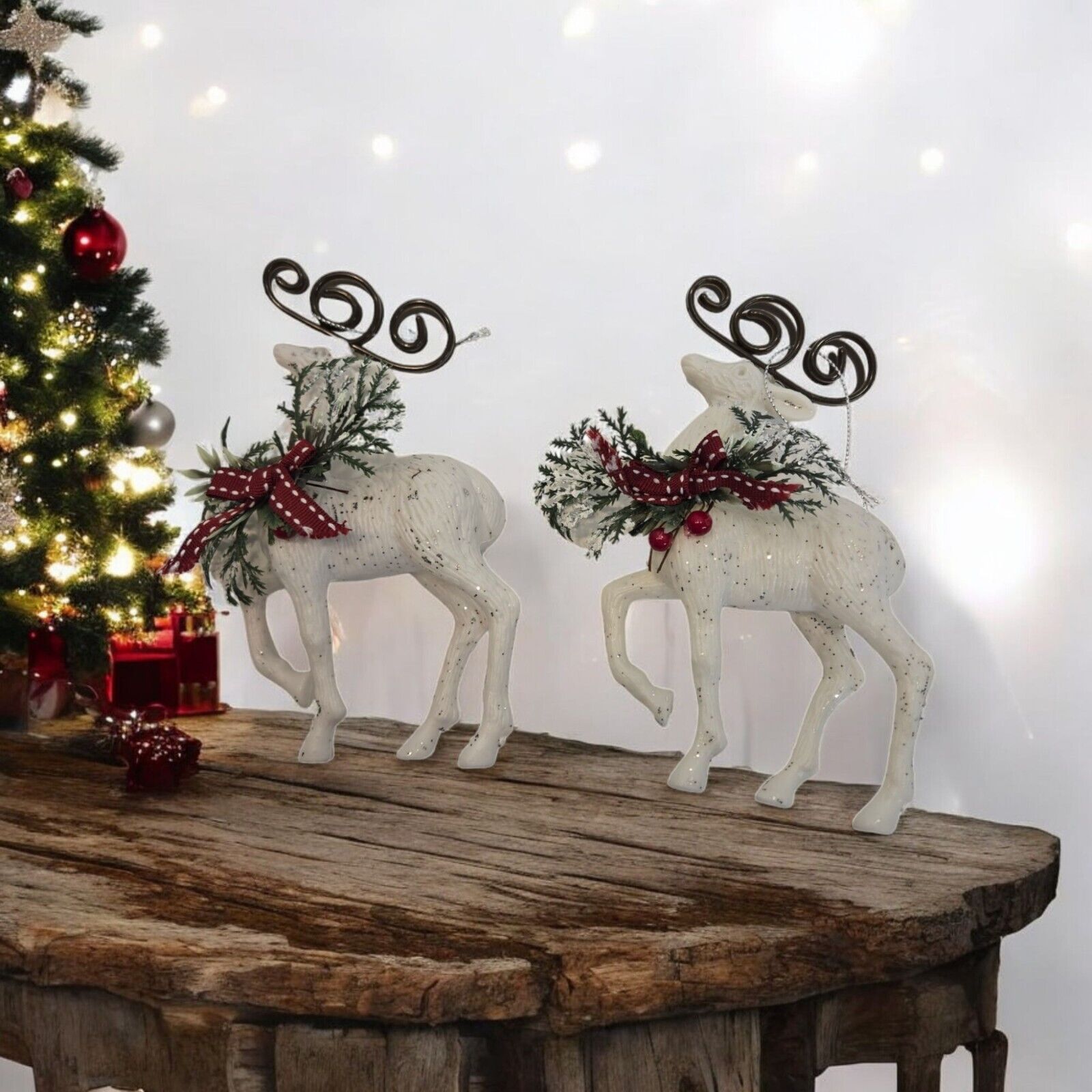Vintage Pair of Plastic 6.5 Blow Mold Glitter White Reindeer Christmas Holiday