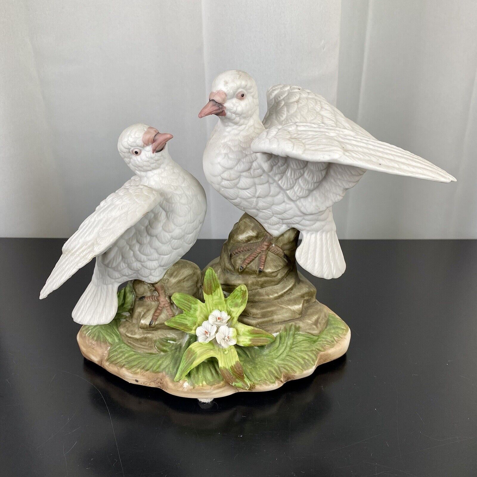 Vintage Royal Crown White Bisque Porcelain Doves & Flower Decor Figurine, Signed