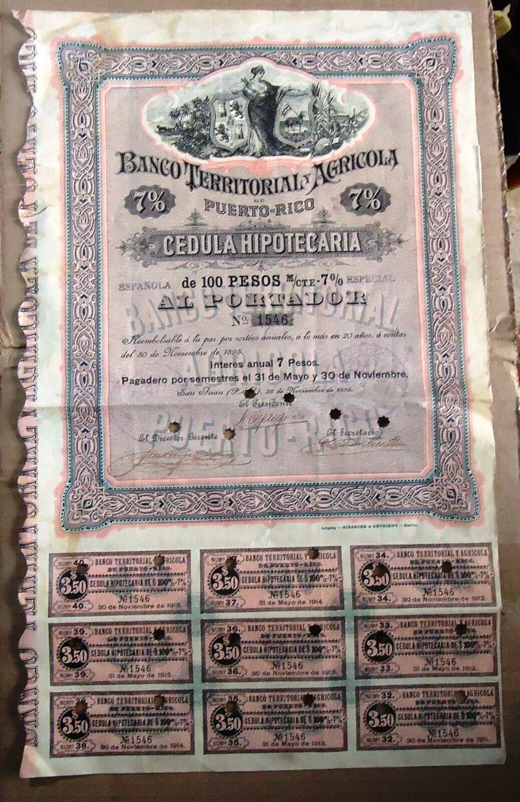 1895 Banco Territorial Agricola of Puerto Rico Bond with 9 coupons