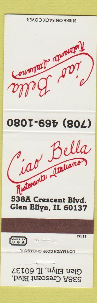 Matchbook Cover - Ciao Bella Italian Restaurant Glen Ellyn IL