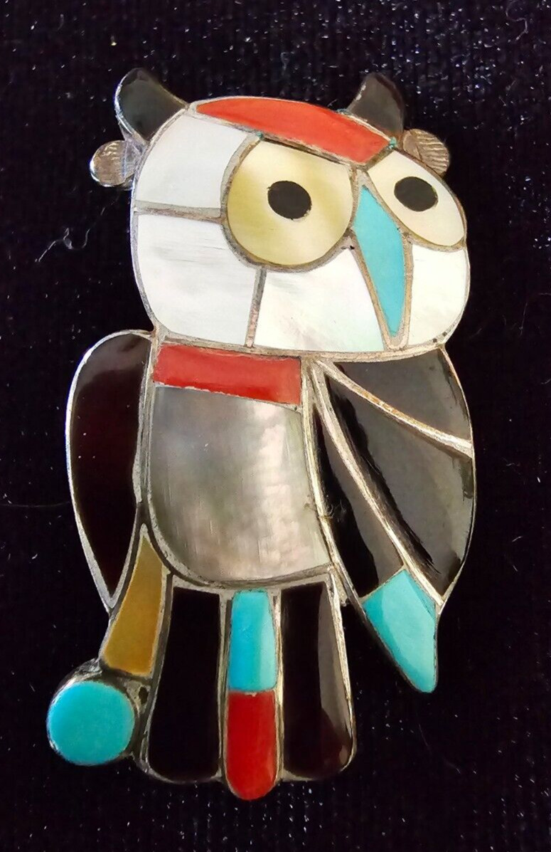 Vintage Zuni Esalio Signed Inlay Silver Owl Bird Pin Pendant Signed