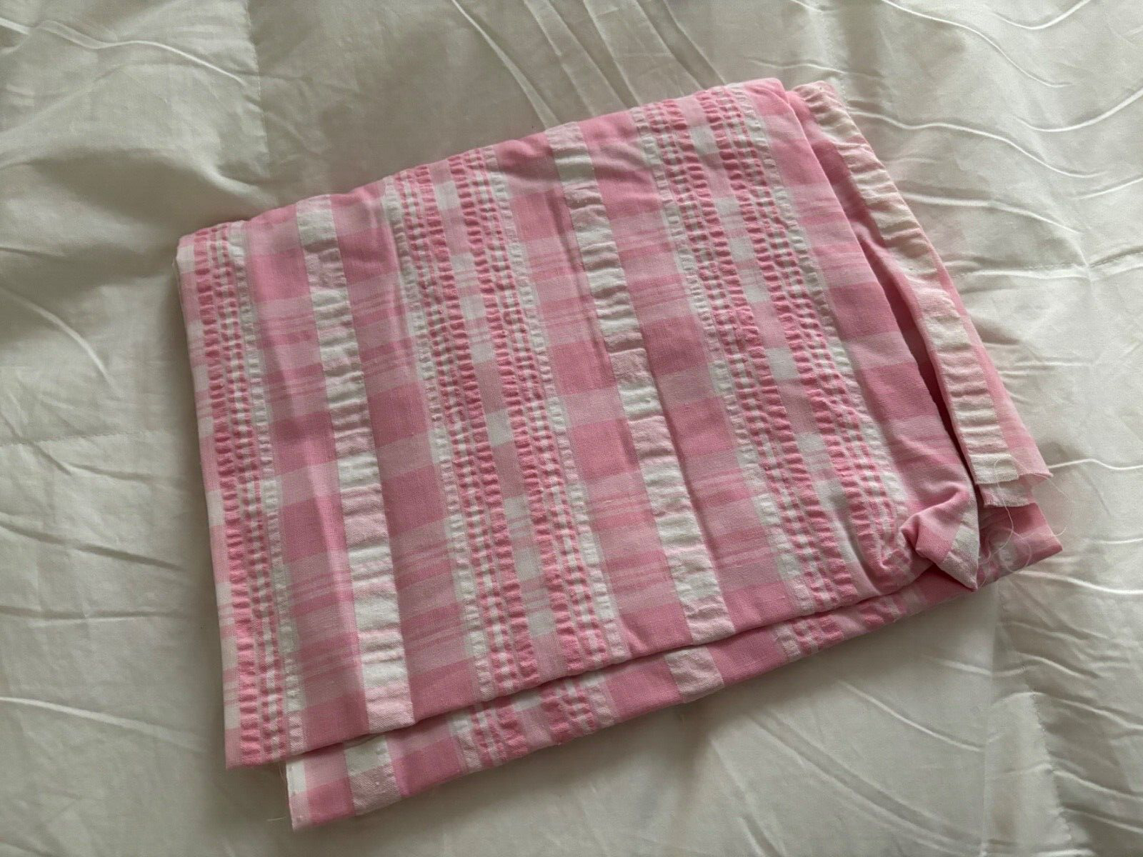 Vintage Pink & White Plaid Seersucker Cotton Fabric 45x75 2 Yards