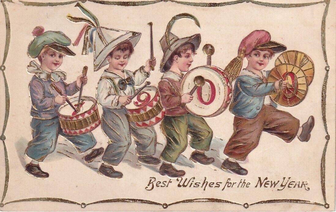 New Year 1909. Four Boys with Musical Instruments. Posted 1908, Embossed Gold