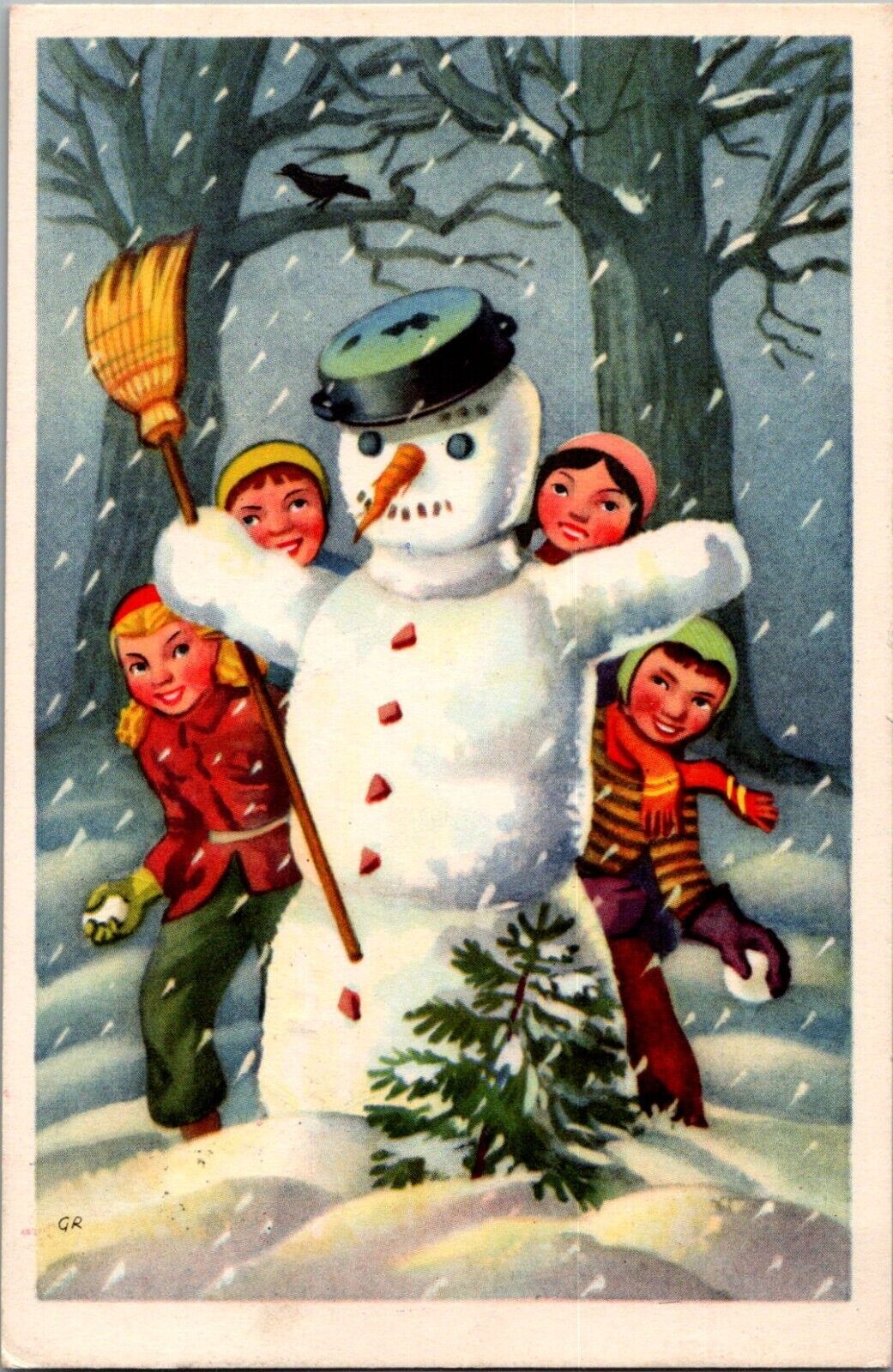 1959 European New Year Postcard Children Hide Behind Snowman In Woods