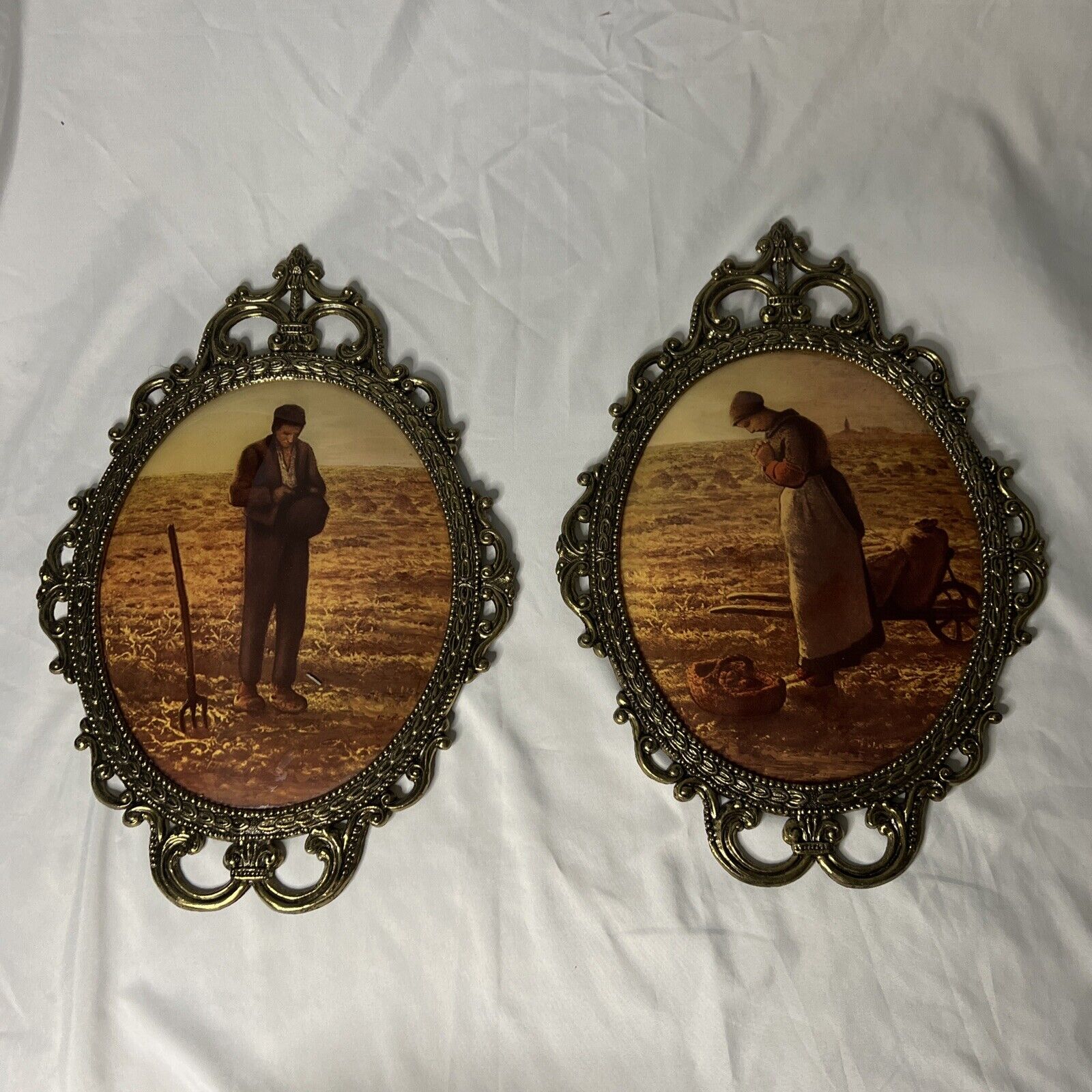2 Vintage Convex Oval Pictures The Angelus Jean-Francois Millet Farmer & Wife