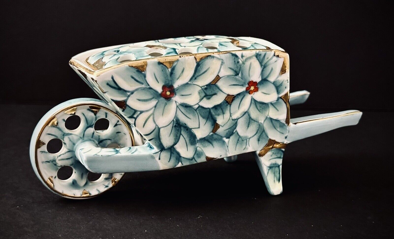 Lenwile China Ardalt Wheelbarrow Flower Frog Vase Aqua Gold Gilt Daisy 1940 Vtg