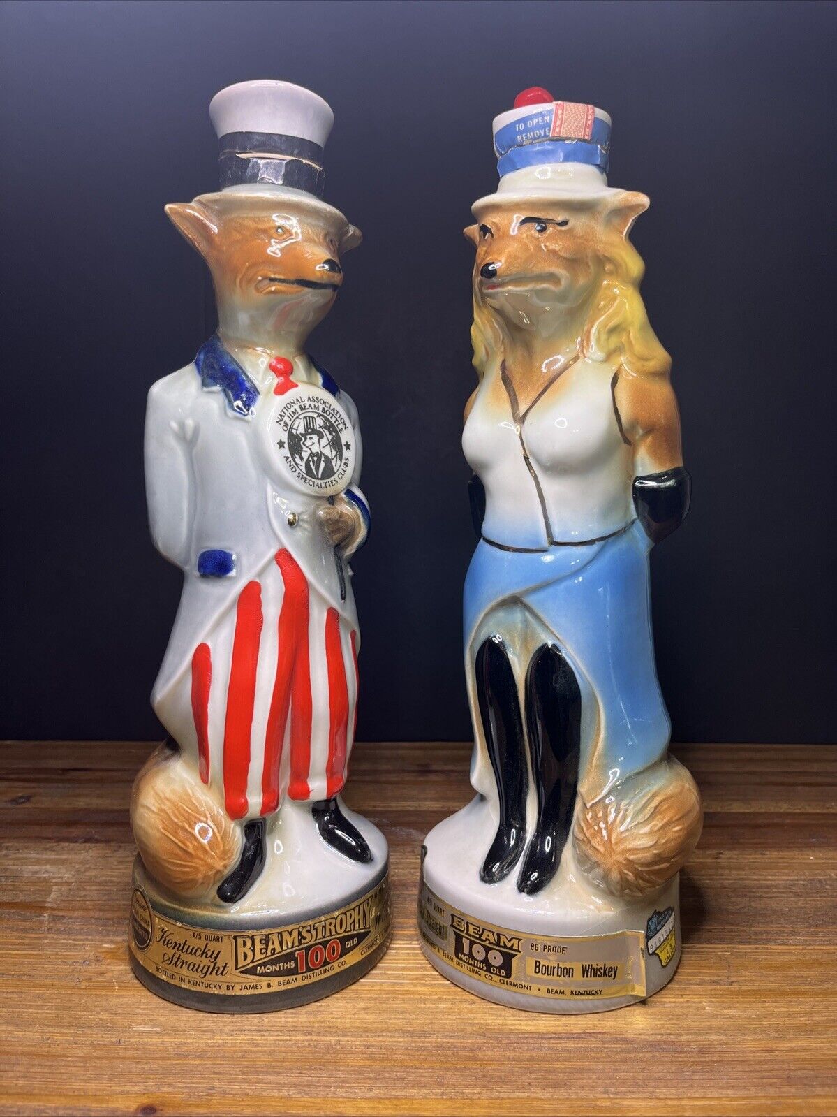 Vintage Jim Beam\'s Trophy Uncle Sam Fox & Renee Pair Decanter Bottle