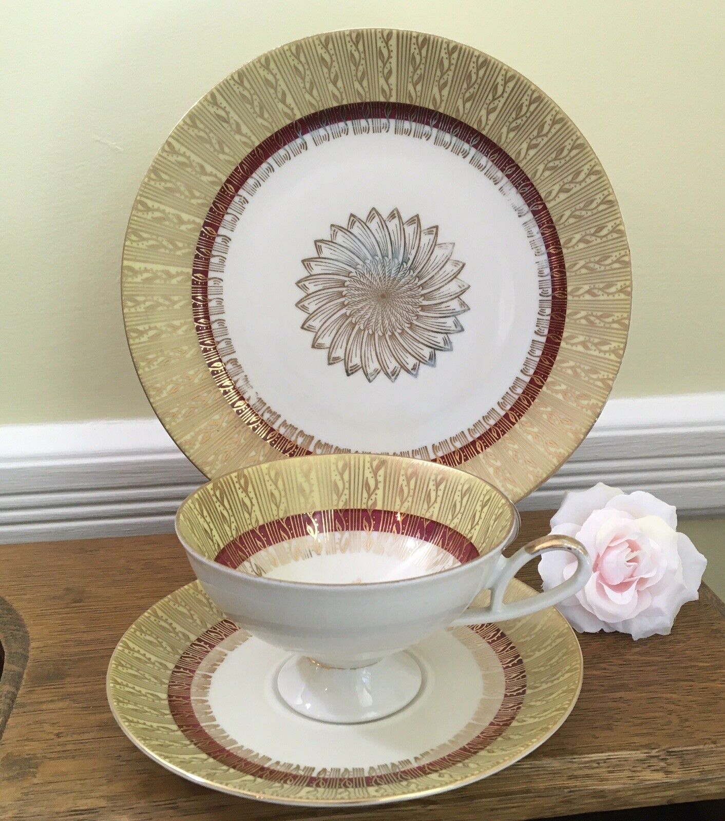 Art Deco TRIO of Teacup & Saucer & Plate G.K. & C of Germany c1900-45 Gold & Red