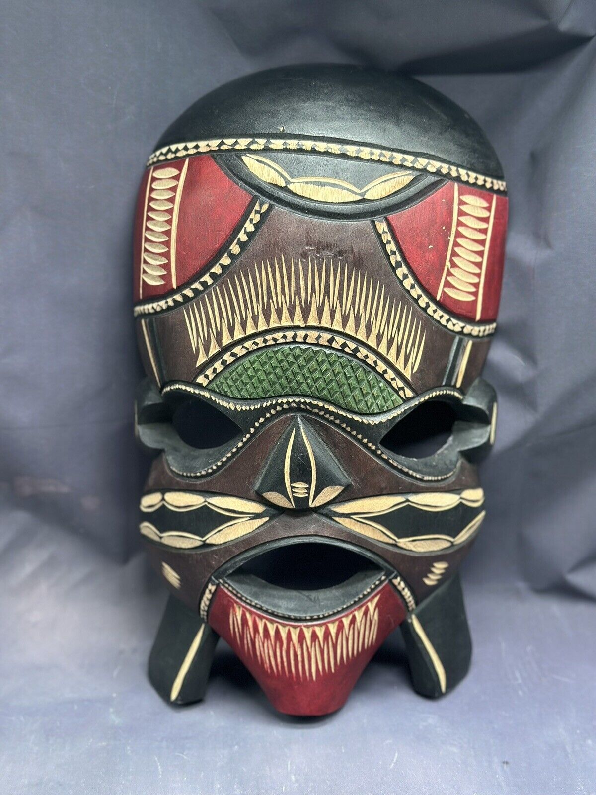 Vintage African Tribal Art Mask Hand Carved Hand Painted Decor Shelf Sitter