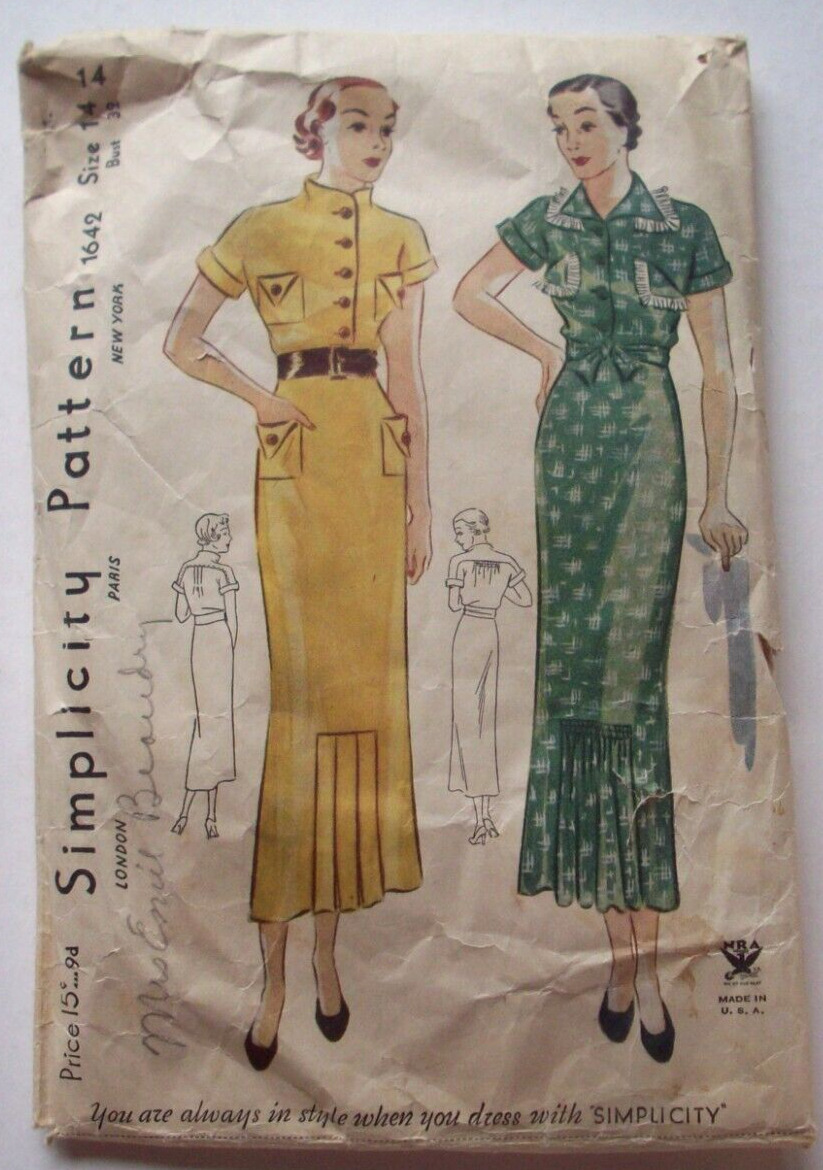 20's 30's Dress w pockets pleated front hem button front pattern 1642 size 14