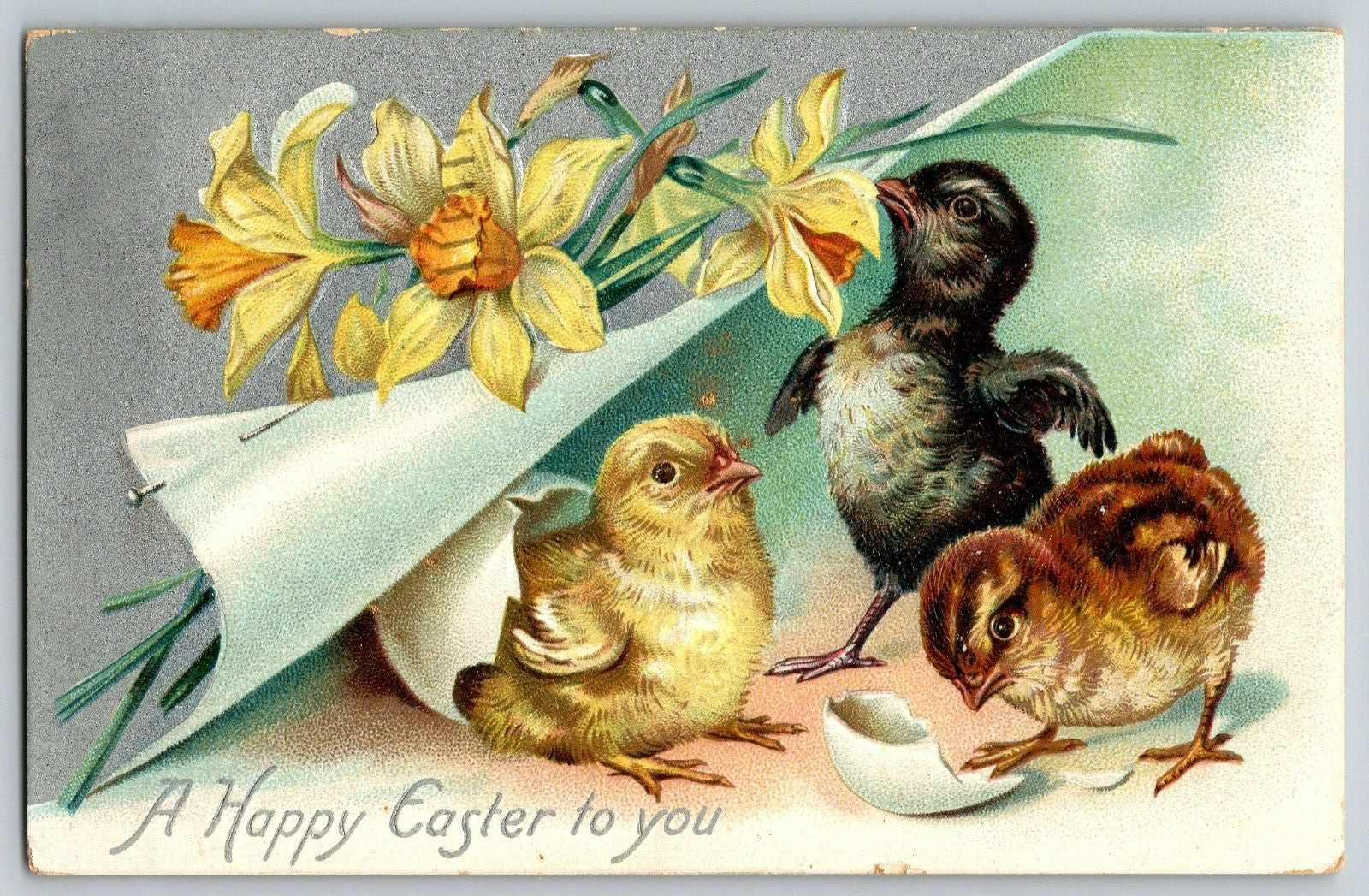 A Happy Easter To You - Flowers, Chicks in Eggshell - Tuck Postcard, Posted