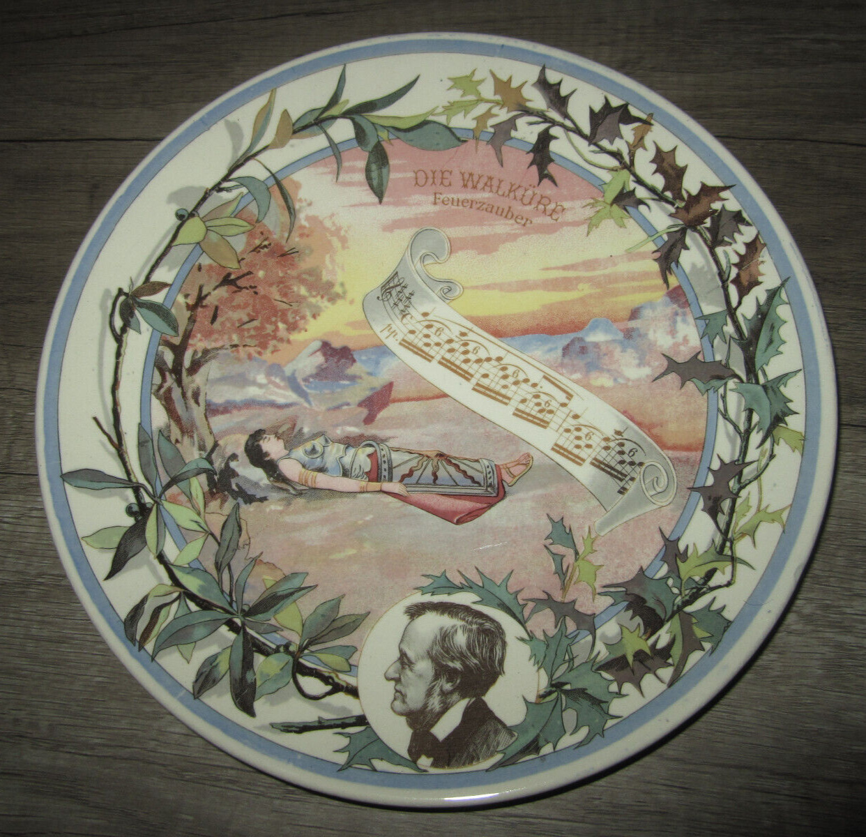 Antique French faience Sarreguemines plate, Die Walkure opera Richard Wagner