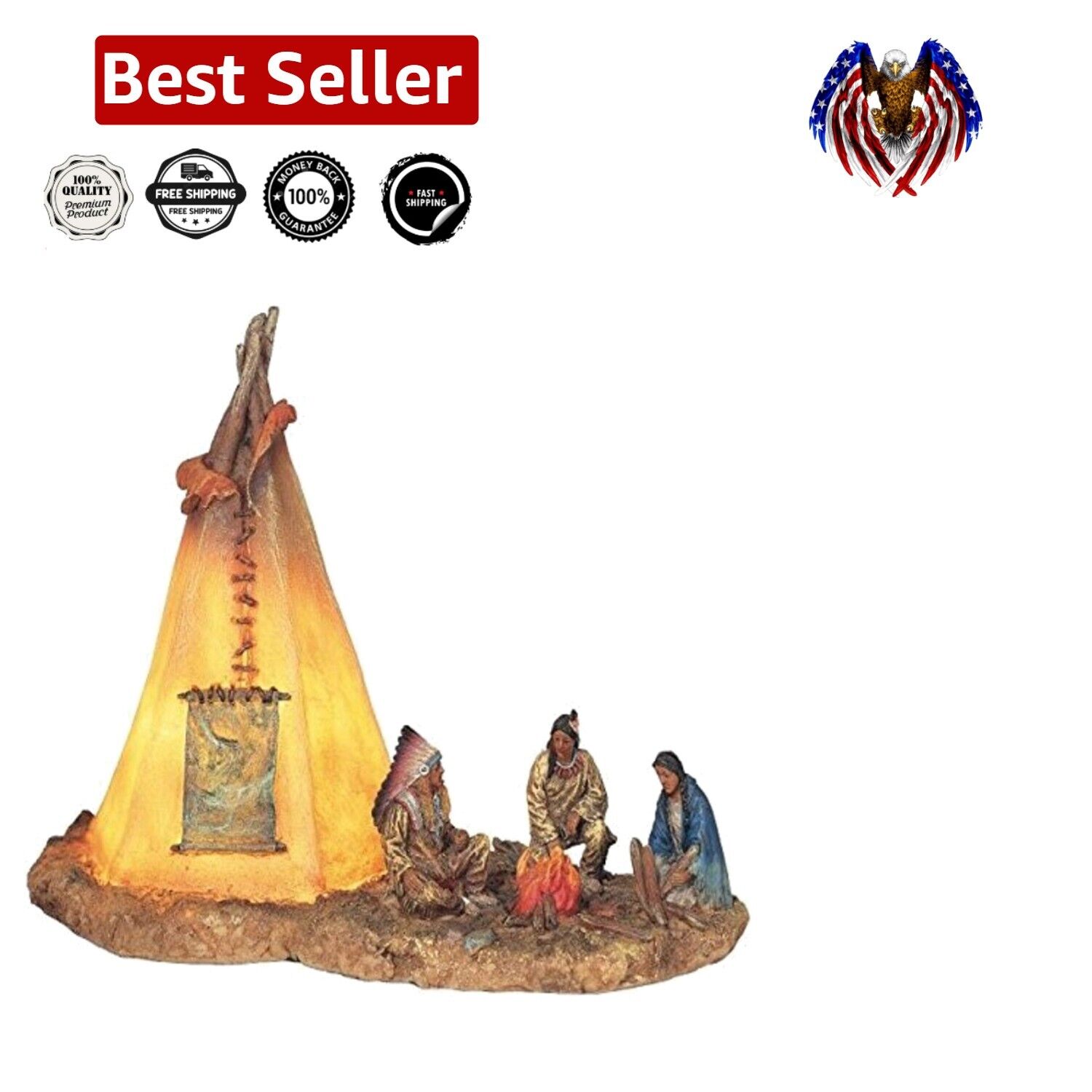 Premium Native American Decoration Statue with Battery-Operated Tipi Lighting