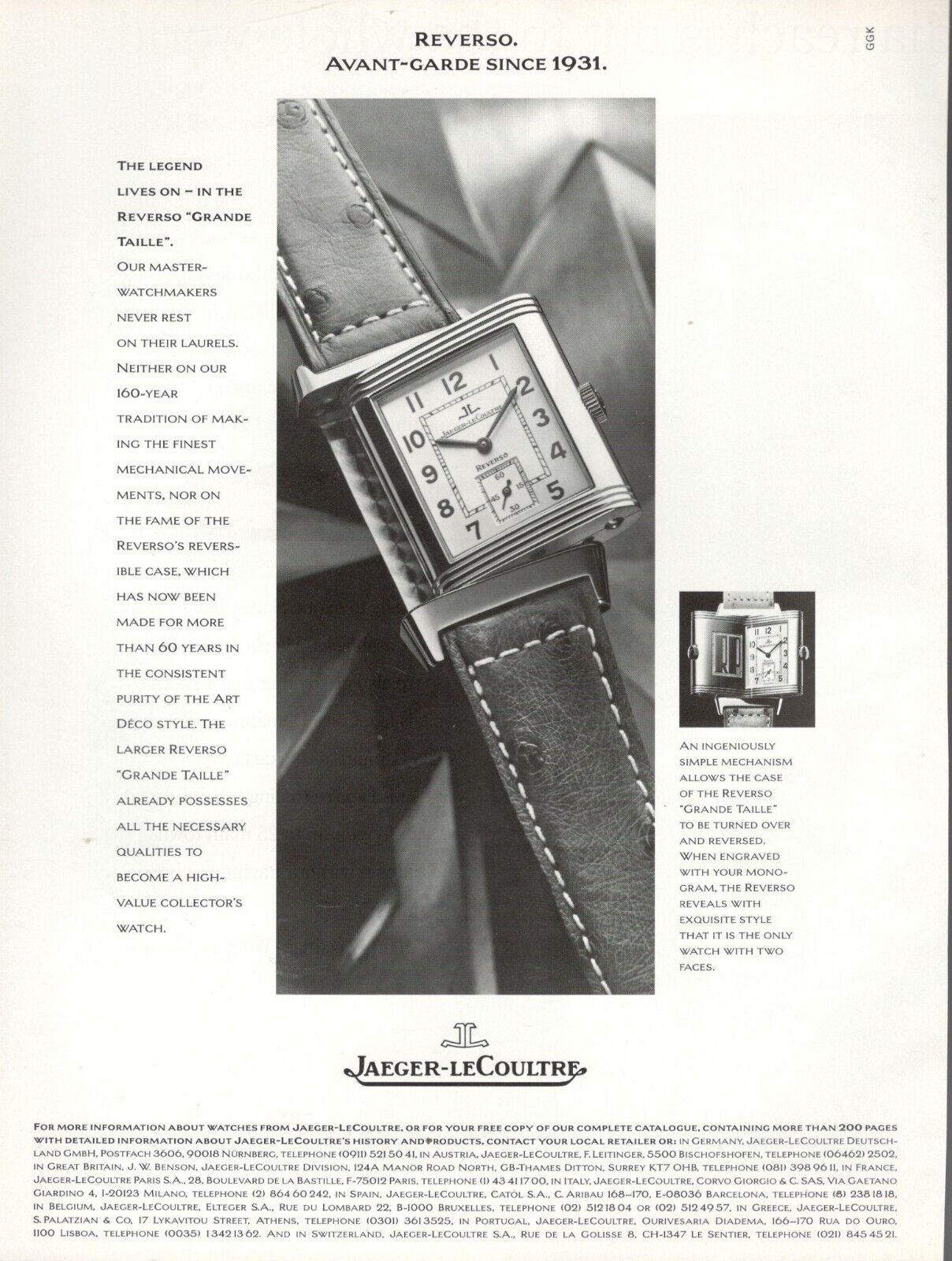 Jaeger-Lecoultre Advertising 1 Page 1987 Original Watch Reverso 7H