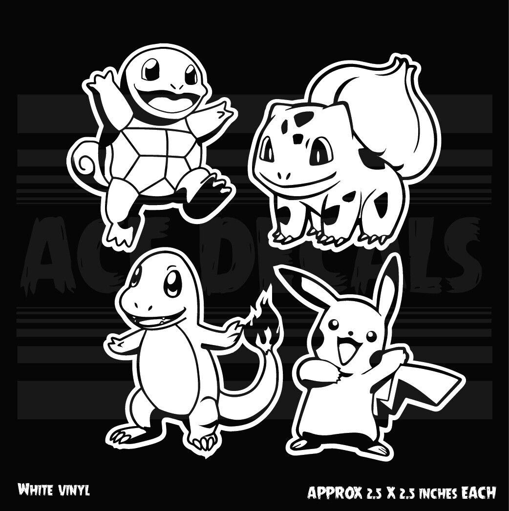 Pokemon - 4 Pack - Pikachu - Charmander - Squirtle - Bulbasaur - Vinyl Decal 