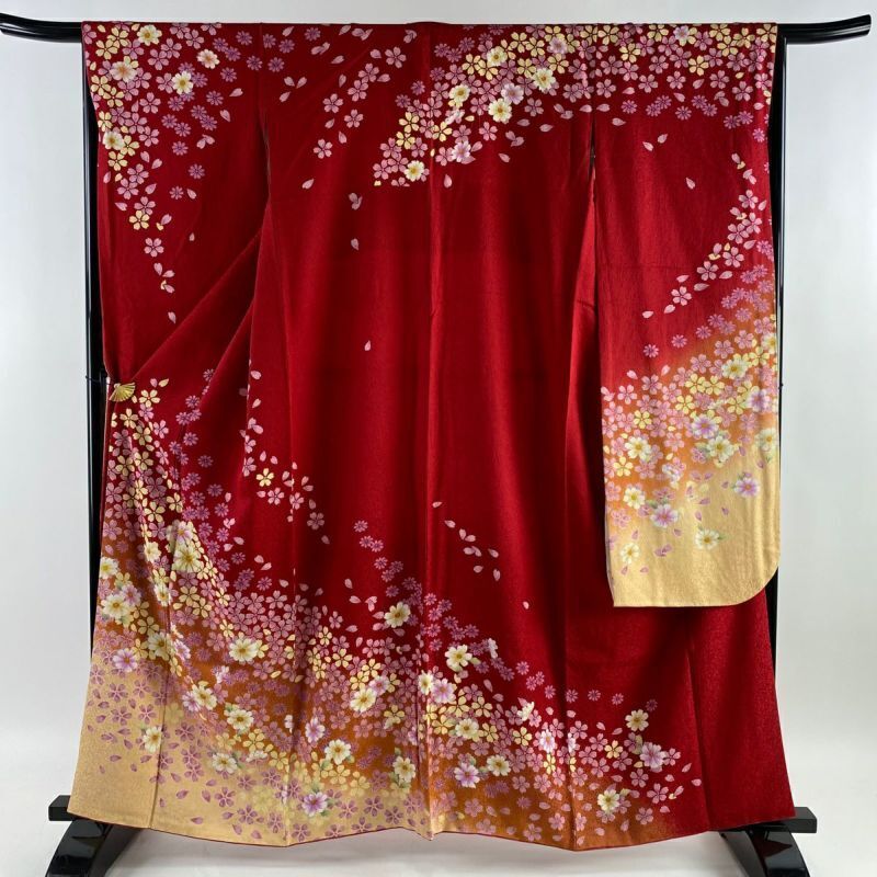 63.4inc Japanese Kimono SILK FURISODE Flower Gold thread Red