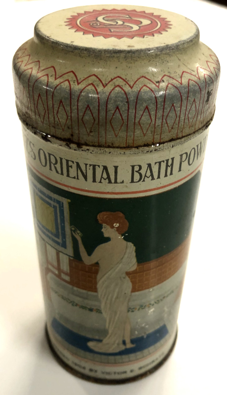 SCHRATZ\'S ORIENTAL BATH POWDER LITHO TIN, 1904 DETROIT  ***
