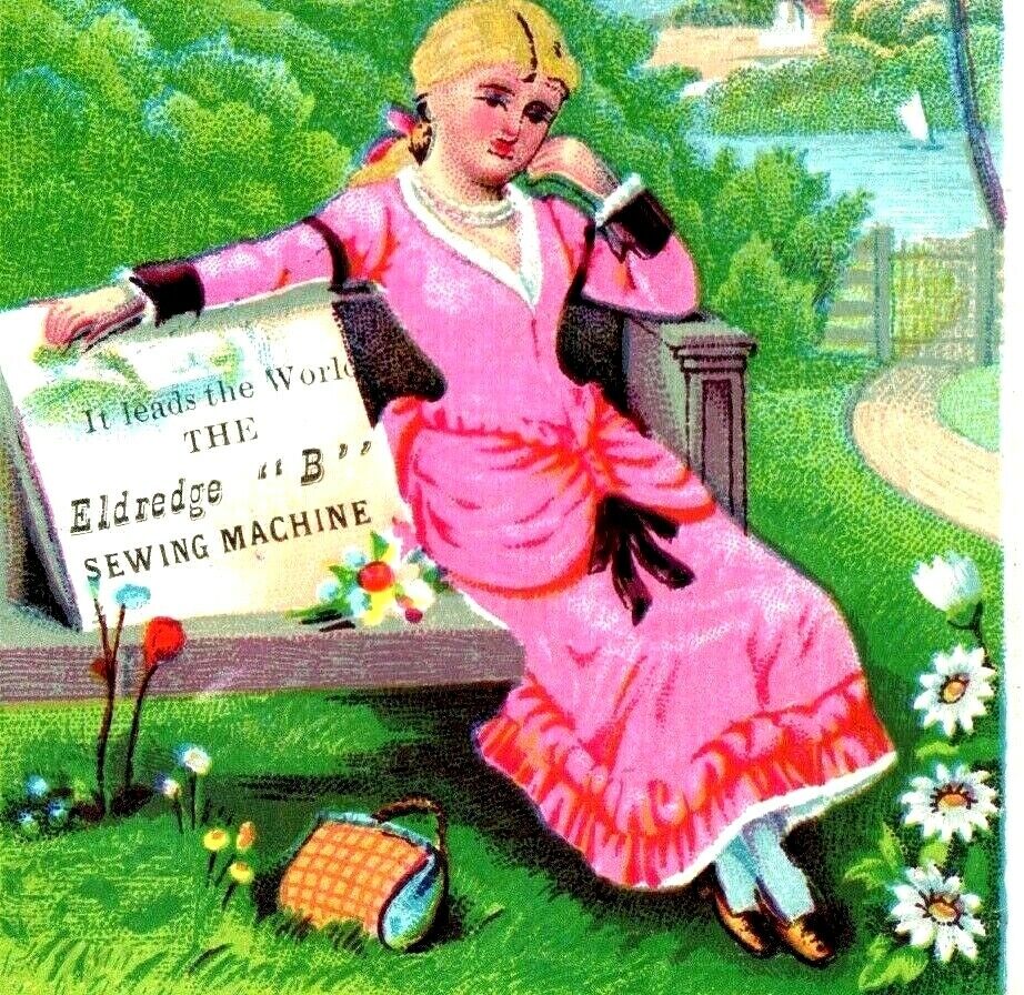 c1880s Cute Pink Corset Girl Eldredge Sewing Machine Trade Card Bright Litho C9