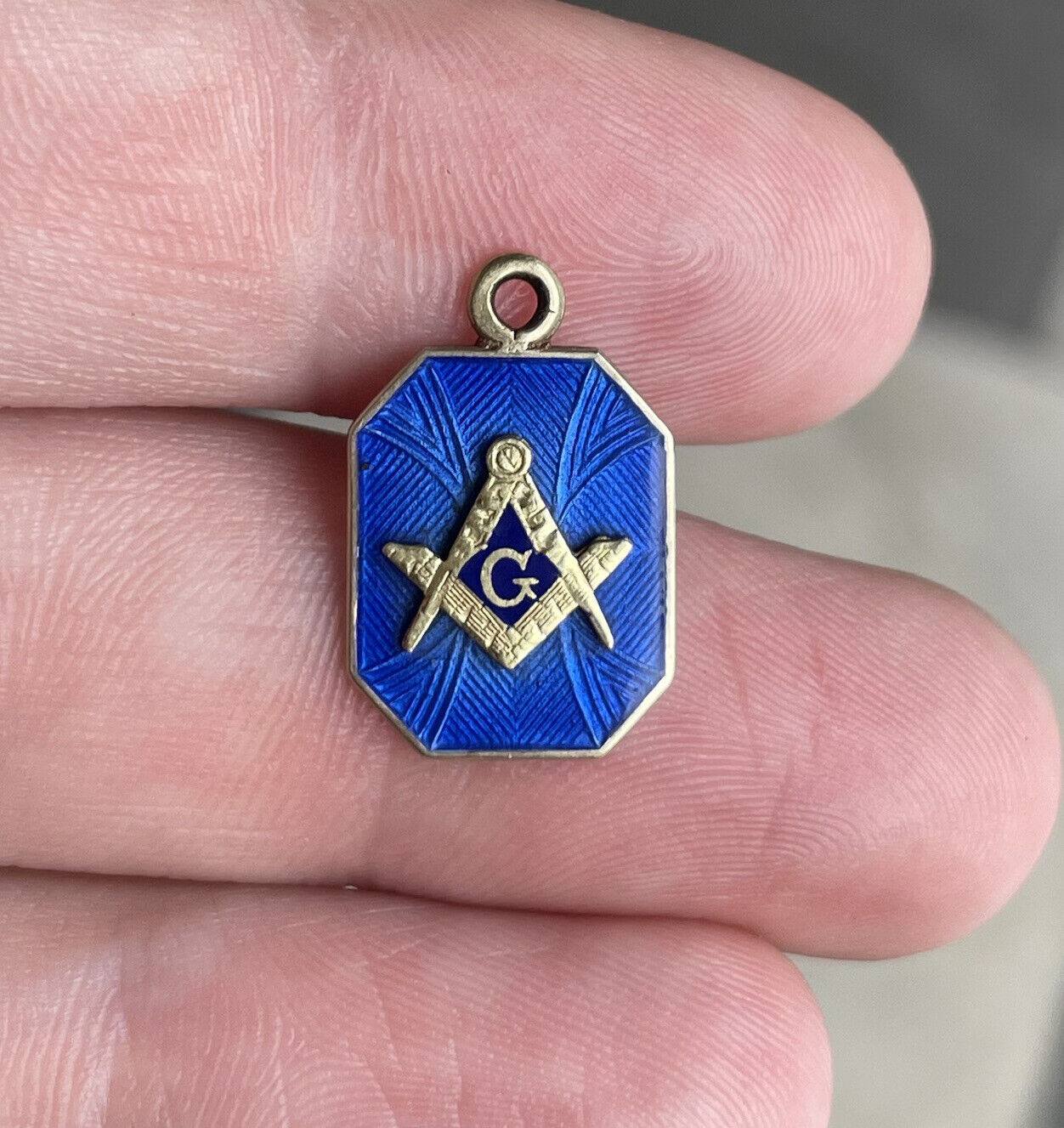Antique - Vintage Guilloche Blue Enamel Masonic Freemason Fob Pendant Gold