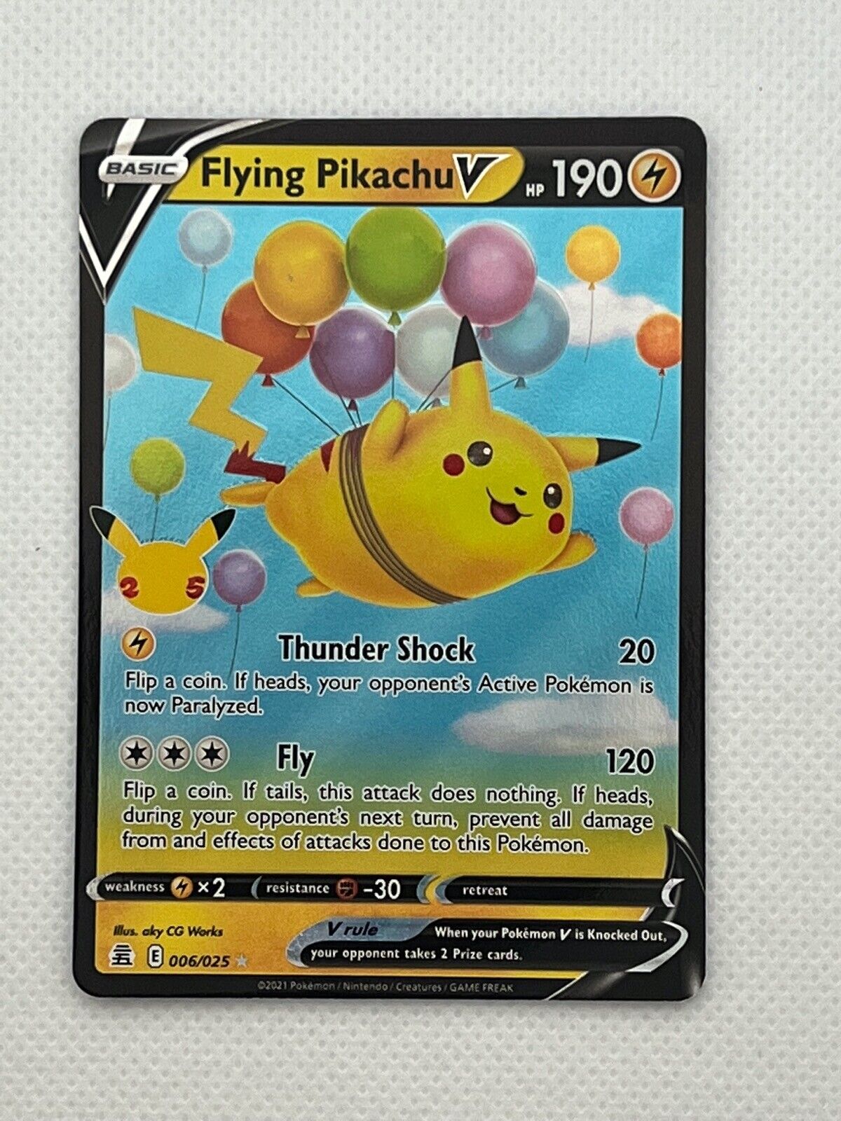 Pokemon 25th Celebrations TCG Card 006/025 Flying Pikachu V Full Art Holo