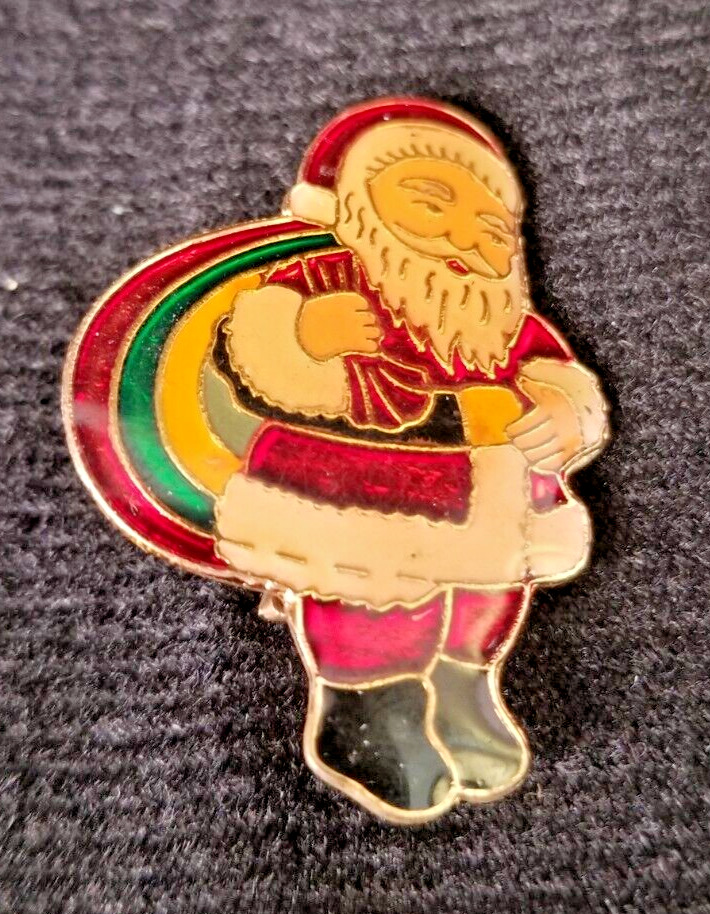 Vintage Christmas Santa with Toy Sack Bag Lapel Pin Brooch Metal & Glass Enamel