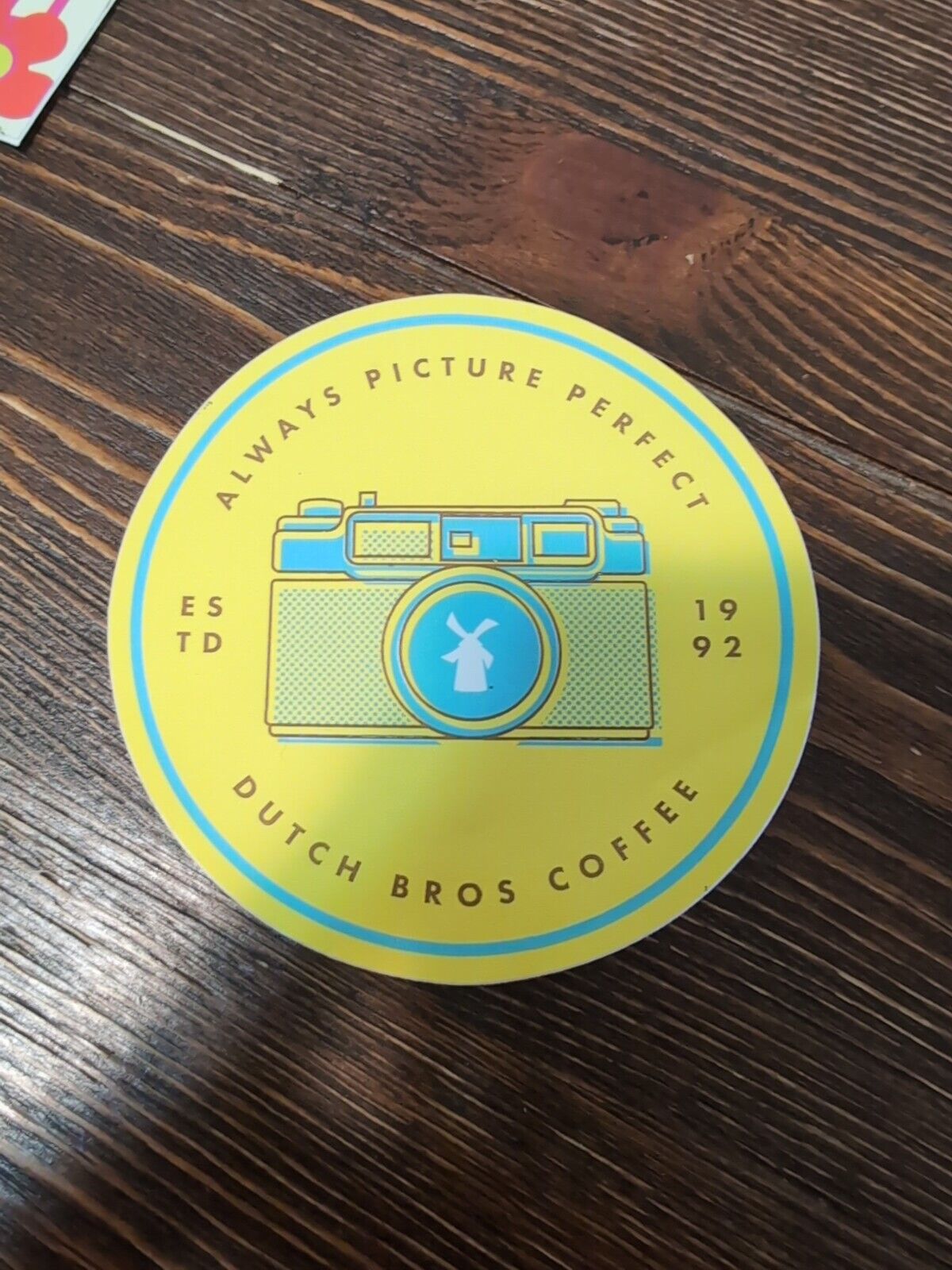 Dutch Bros Camera Sticker Always Picture Perfect Yellow Blue Brothers Coffee