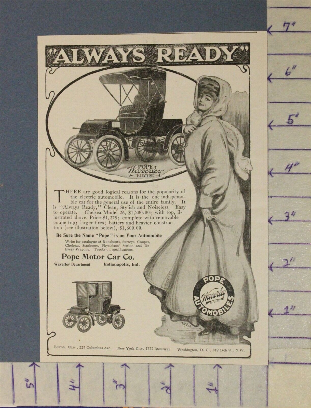 1906 POPE WAVERLY ELECTRIC CAR AUTO GIRL BEAUTY SHOP DECOR HISTORIC AD A-2058