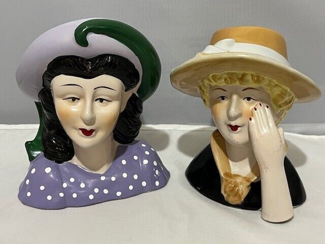 TWO Vintage ceramic English Lady busts/heads figurines with purple & yellow hats
