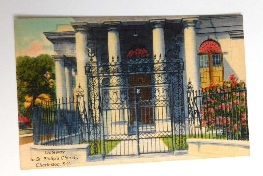 South Carolina Charleston SC St Philips Gateway 1940s Linen Unposted Postcard