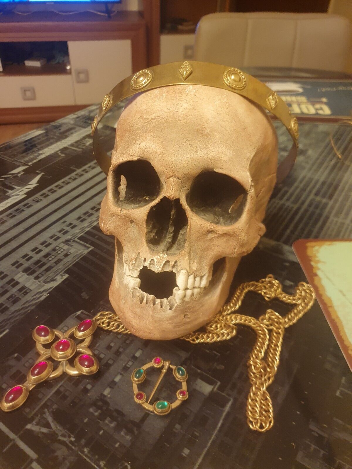 vintage decorative skull with medieval jewellery