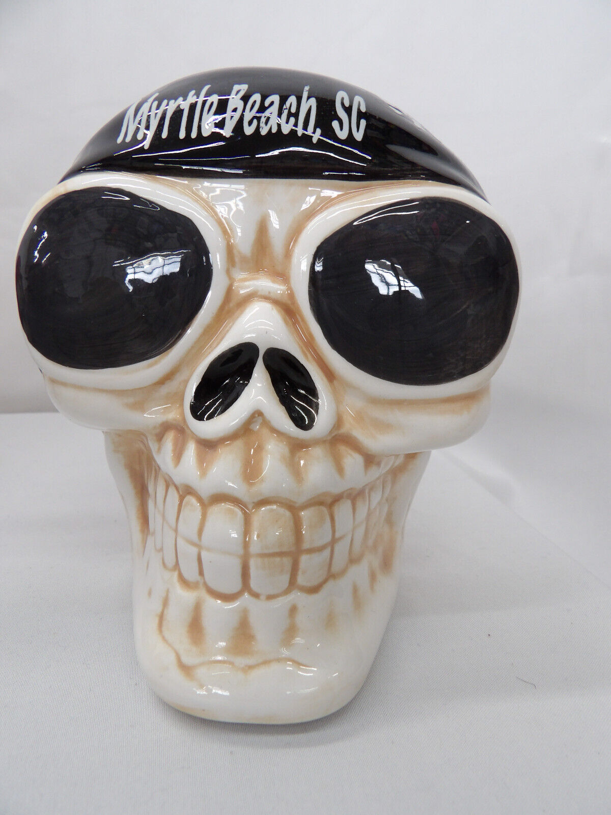 Ceramic Skull Head Pirate Money Bank Souvenir Collector Figurine Black Bandana
