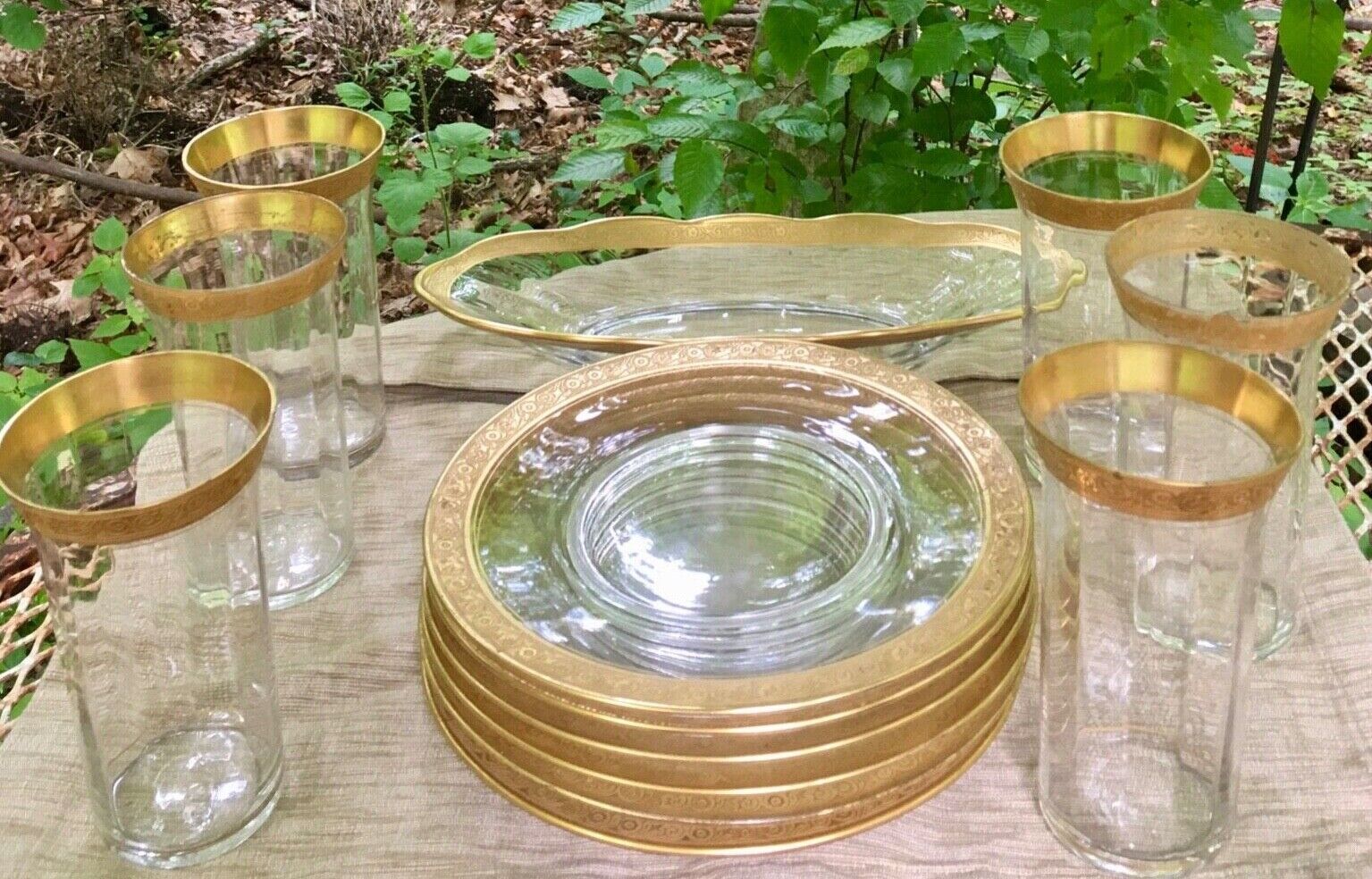 17 Pieces Heisey Glass Gold Encrusted 8 Plates and 8 Glasses 1 Serving Dish