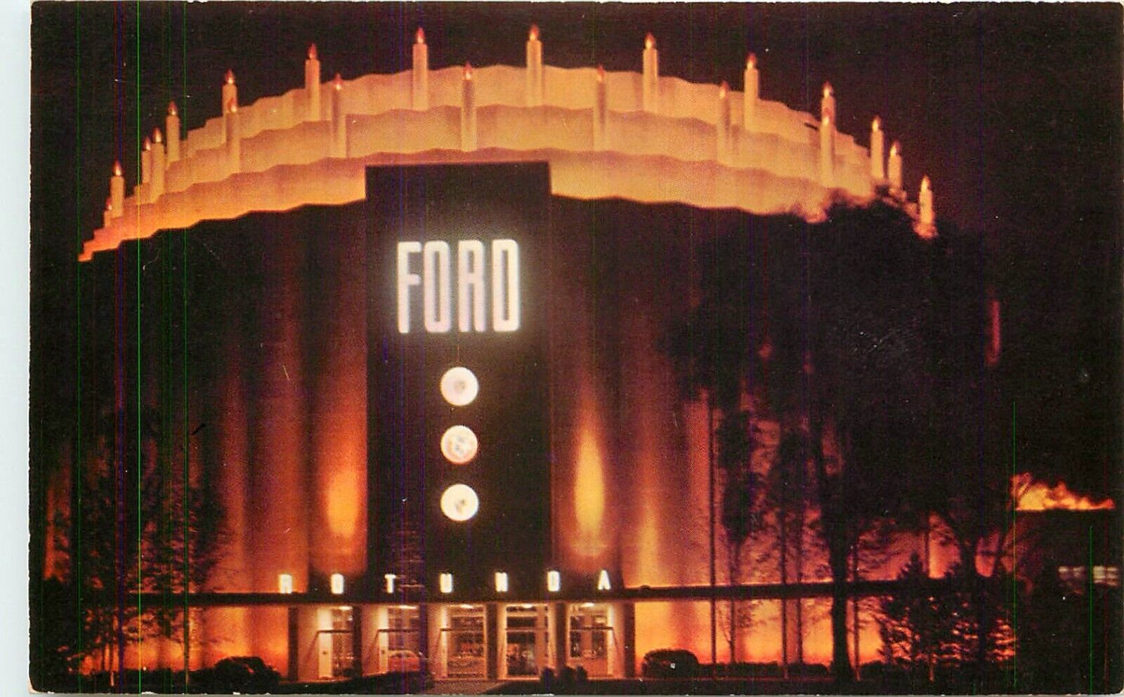 c1950s Ford Rotunda At Night, Dearborn, Michigan Postcard