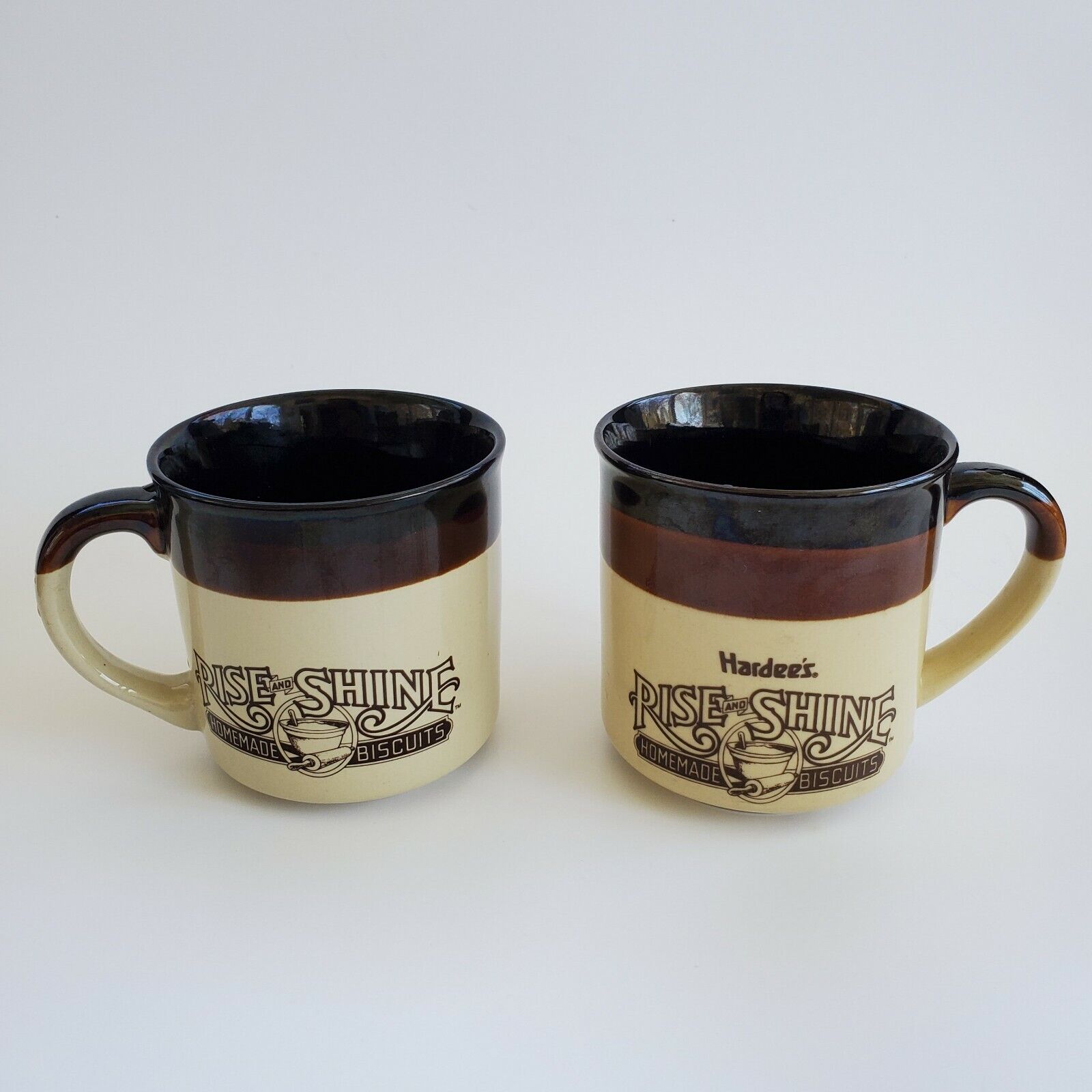 VTG 1984 & 1989 Hardees Rise and Shine Homemade Biscuits Coffee Cups Mugs Brown